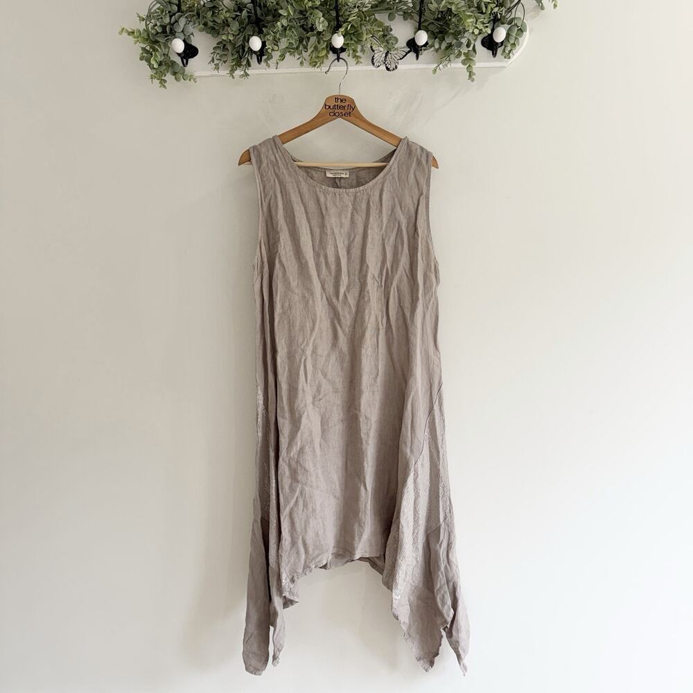 Vía Signoria Made In Italy Linen Brown Sequin Handkerchief Midi Dress XL Boho CC